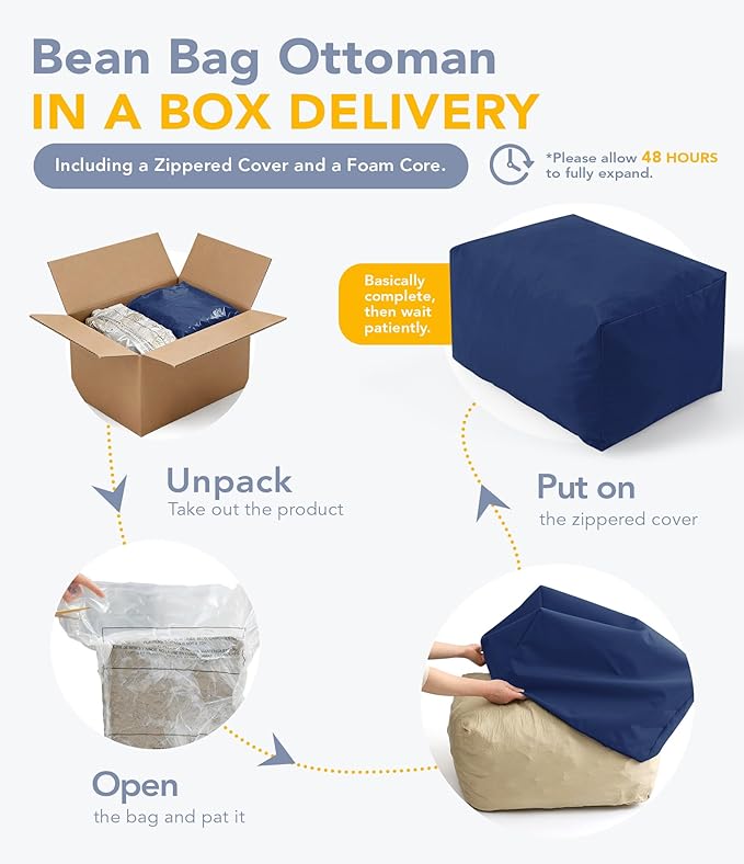 Outdoor Patio Bean Bag Ottoman - Small Beanbag Foot Rest Pouf Rectangular with Shredded Foam Filling, Splash-Proof Detachable Zipper Cover for Relaxing, Navy