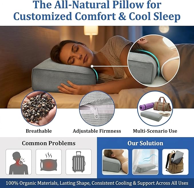 Buckwheat Pillow & Cervical Pillows for Sleeping (21x8x3inch) 100% Organic Coarse Cloth Package w Organic Buckwheat Hulls, Natural Cooling Technology and Relieve Cervical Pain. (C-Gray)