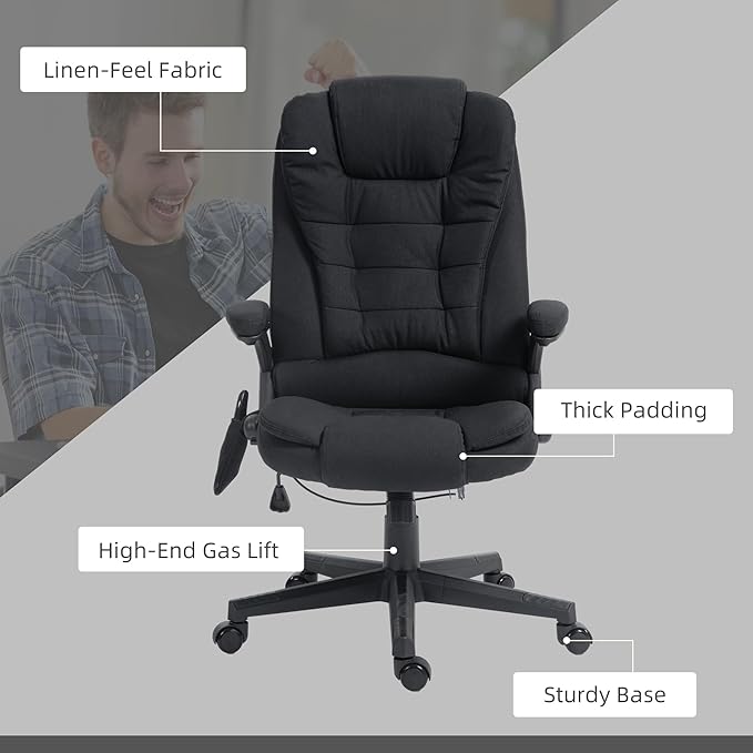 Vinsetto 6 Point Vibrating Massage Office Chair with Heat, Linen High Back Executive Office Chair with Reclining Backrest, Padded Armrests and Remote, Black