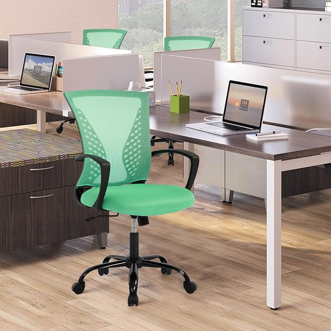 Comfortable Office Chair for Home - Ergonomic Computer Chair with Mesh Back & Lumbar Support, Adjustable Swivel Task Chair for Long Sitting, Mid Back Design (Green)