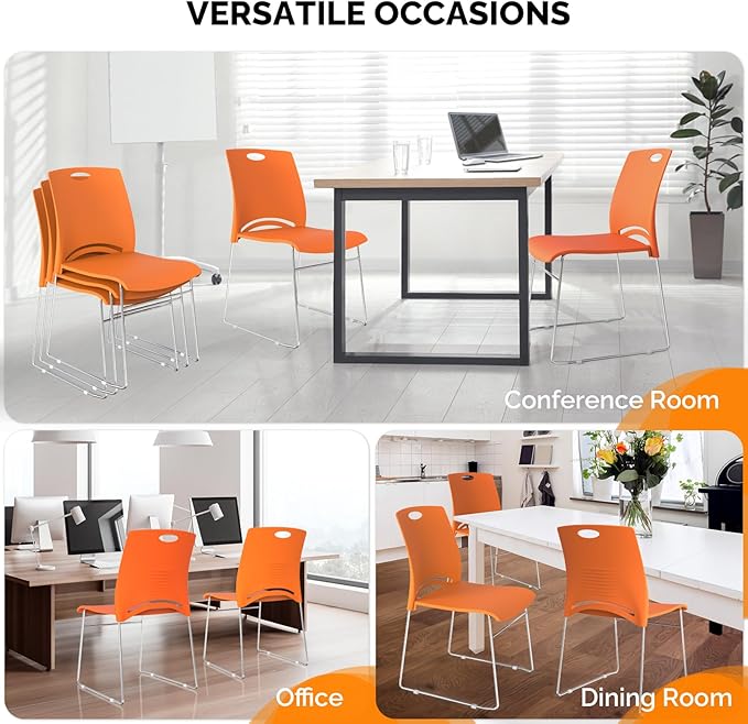 VINGLI Stacking Chairs Set of 10 Stackable Office Chairs with Metal Sled Base, Ergonomic Plastic Seat, Stacking Chairs for Waiting Room Break Room Banquet Guest, Orange
