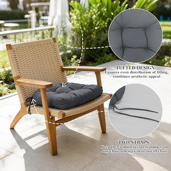 Wolfbird Outdoor Chair Cushions Set of 2 Waterproof Patio Furniture Cushions with Ties 19x19+5” Thicken Outdoor Seat Cushions Indoor/Outdoor Dining Chairs Pads FadeShield Rocking Chair Cushion, Grey
