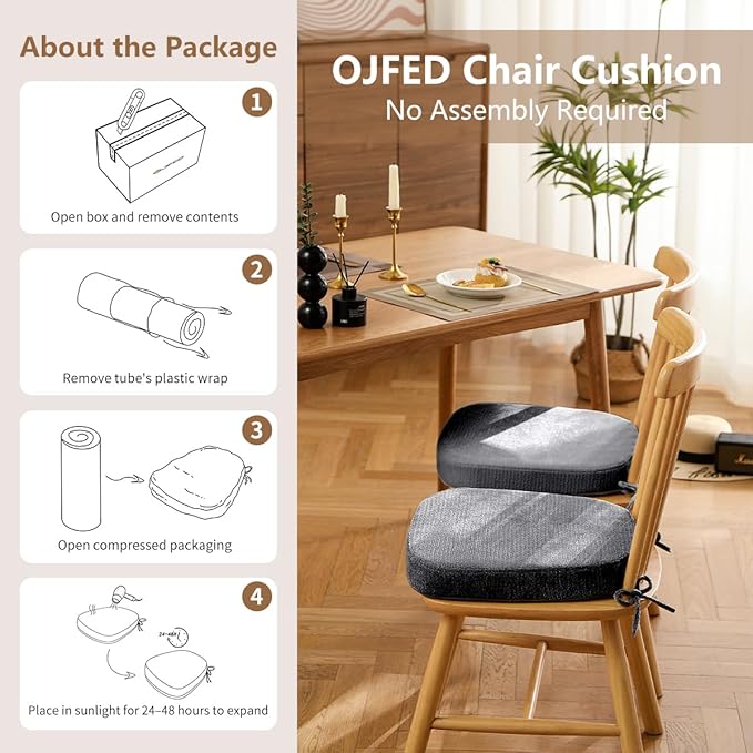 D-Shaped Chair Cushions for Dining Chairs, 2.5” Thick Chair Pads with Washable Comfortable Textured Cover, Non Slip Kitchen Chair Cushions with Ties, 16.5" x 16.5", 4 Pack, Dark Grey