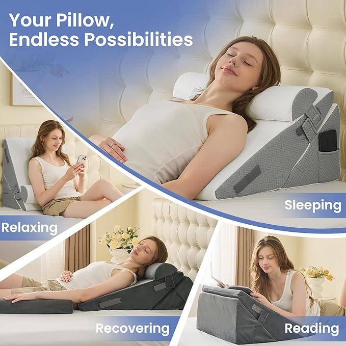 Sasttie Wedge Pillow Set for After Surgery, 3PCS Adjustable Bed Wedge Pillow Headboard with Memory Foam Neck Cushion – for Acid Reflux, Sleeping, Neck & Back Support, Dark Grey