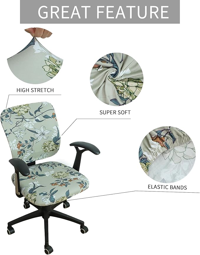 FORCHEER Printed 2 Pieces Split Office Chair Covers Stretchable Floral Desk Chair Slipcovers Washable-Floral I