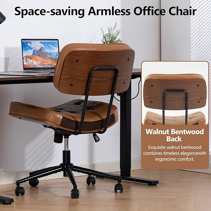 Walnut Armless Modern Office Desk Chair with Wheels, PU Leather Adjustable Height Swivel Rolling Task Chair, Ergonomic Criss Cross Legged Computer Chair (Brown)