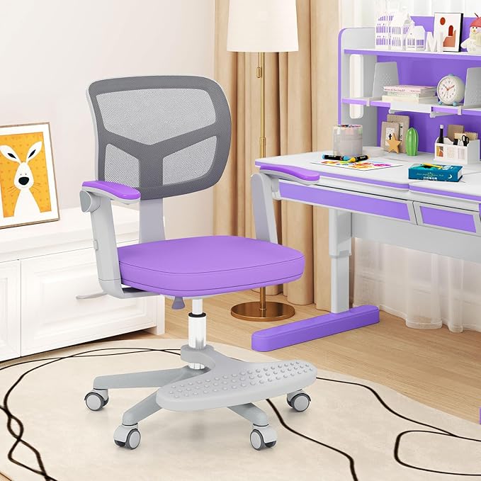 Giantex Kids Desk Chair, Ergonomic Adjustable Student Rolling Chair with Footrest & Flip-up Armrest, Mesh Children Office Chair with Universal Wheels, Kids Computer Chair for Boys & Girls, Purple