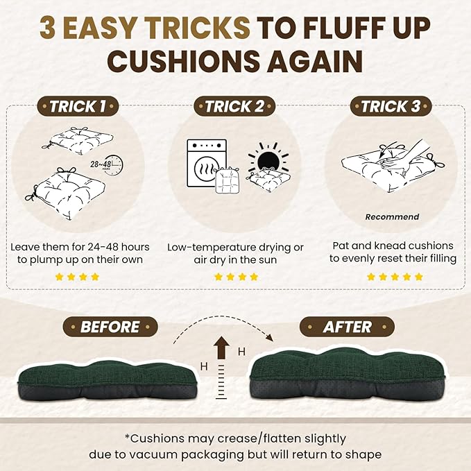 downluxe Indoor Chair Cushions for Dining Chairs, Tufted Overstuffed Textured Kitchen Chair Pads with Ties and Non-Slip Backing, 15.5" x 15.5" x 4", Dark Green, 6 Pack