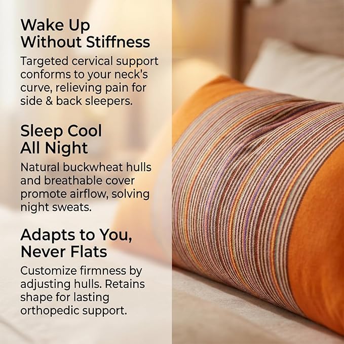 Adjustable Buckwheat Hull Pillow for Neck Pain Relief (21x8x4in) Natural Cooling Cervical Support Bed Pillow for Side & Back Sleepers with Night Sweats (Orange)