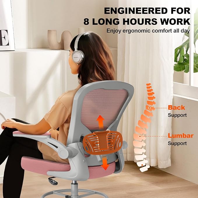 Synorla Ergonomic Drafting Chair, Tall Mesh Office Chair with Flip-up Armrests, Lumbar Support & Adjustable Footrest Ring for Standing Desk Gray Pink