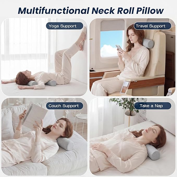 Neck Roll Cervical Pillow for Neck Pain Relief - Memory Foam Neck Pillow for Bed | Round Neck Pillows for Sleeping (Grey, X-Small - 3.5" H)