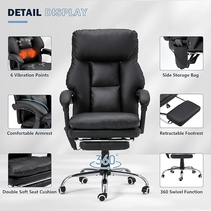 HOMREST Ergonomic Office Chair with 6-Point Massage & Heating,Adjustable Executive Desk Chairs,Retractable Footrest,Dual-Layer Soft Cushion,PU Leather Black