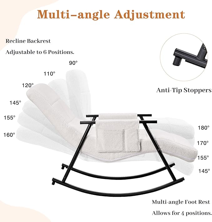 VECELO High Back Nursery Rocking Chair with Foot Rest, Teddy Upholstered Reclining Glider Rocker, Comfy Armchair Padded Seat Removable Side Pockets for Living Room, Bedroom, Balcony, White