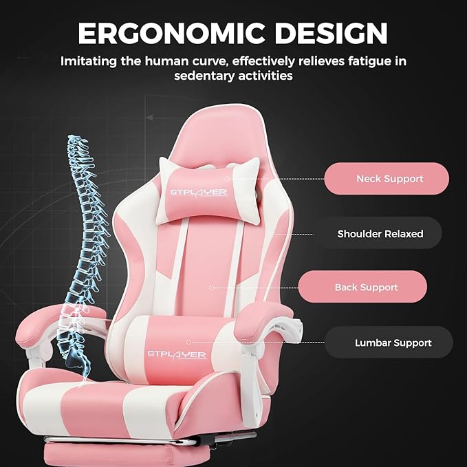 GTPLAYER Gaming Chair, Computer Chair with Footrest and Lumbar Support, Height Adjustable Game Chair with 360°-Swivel Seat and Headrest and for Office or Gaming (Faux Leather, Pink)