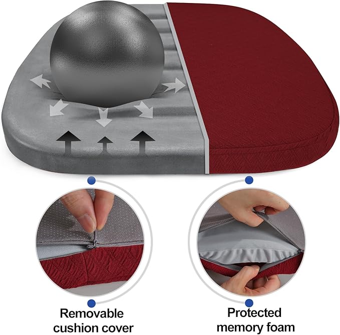 BUYUE Luxury 100% Pure Memory Foam Chair Cushion 1 Pack, Jacquard 16" U-Shape Comfortable Dining Chair Pad, Removable Slip Resistant Kitchen Chair Seat Cushion, (1 piece, Burgundy)