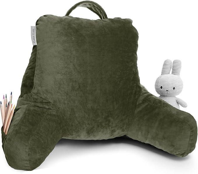 Clara Clark Reading Pillow for Kids & Teens with Shredded Memory Foam, Backrest Pillows for Reading Watching and Gaming, Use on The Couch, Bed, or Floor, Adjustable Support, Washable Cover Olive Green