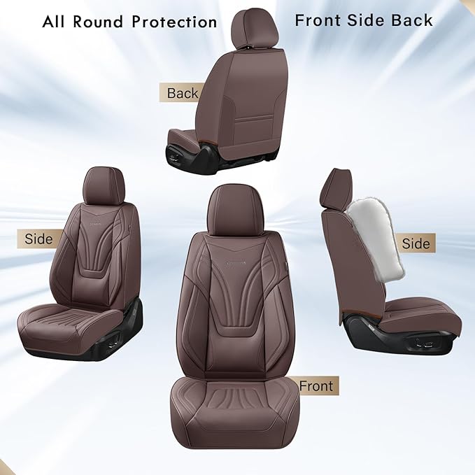 Coverado Car Seat Covers Full Set, 5 Piece Car Seat Protector with Lumbar Support & Removable Headrest, Breathable Leather Front Rear Seat Cushion Universal Fit for Truck Automotive Brown