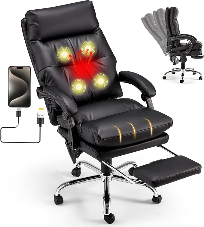 HOMREST Plush Executive Office Chair with Massage and Heat, Big and Tall Ergonomic Chair with Double-Layer Seat Cushion, Headrest, Lumbar Support, Footrest & USB for Home Office,Black