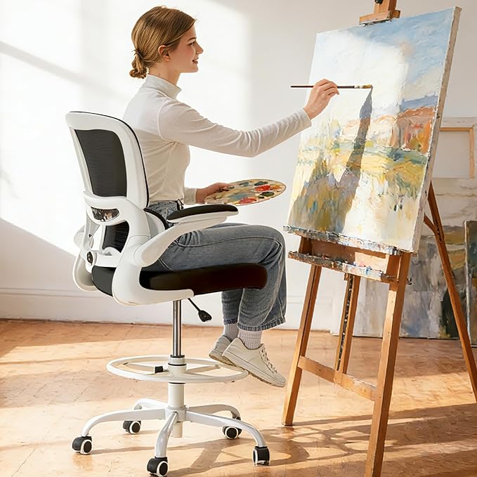 TRALT Drafting Chair - Tall Office Chair with Adjustable Footrest Ring and Lumbar Support Ergonomic Tall Desk Chair - Mesh Stangding Desk Chair with Flip-Up Armrests for Home and Work (Black White)