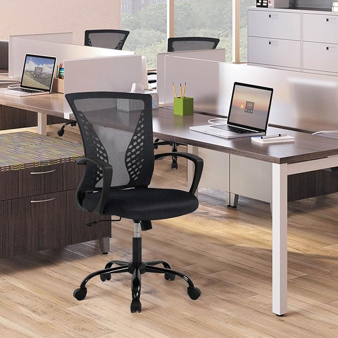 Ergonomic Office Chair with Lumbar Support - Adjustable Mesh Computer Chair for Home Office, Mid Back Swivel Task Chair with Arms, Breathable & Comfortable for Long Hours Work (Black)
