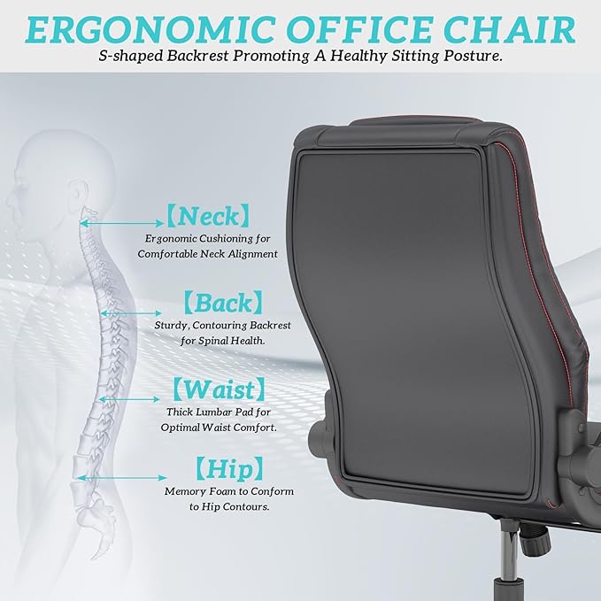 GYI Office Chair, Ergonomic Computer Desk Chair, Leather Executive Office Chair with High Back, Lumbar Support, Flip-up Arms, Wide and Thick Padded Seat, Heavy Duty Base, Rubber Wheels, Black