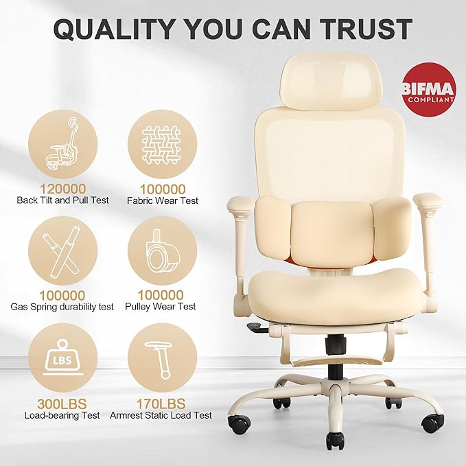 Ergonomic Office Chair with 4D Flip-Up Arms & Footrest, Mesh Desk Gaming Chair with 3D Headrest & 2D Floating Wing Lumbar Support, High Back Computer Chair for Home Office Vanity, Beige