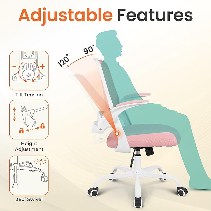 NEO CHAIR Office Chair Computer Desk Chair Ergonomic Gaming Comfy Mesh with Flip-up Arms Lumbar Support Adjustable Height Rolling Wheels for Home Office (Pink)