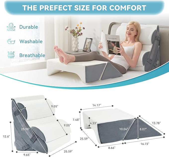 Kingfun 6PCS Orthopedic Bed Wedge Pillow Set for Headboard, Post Surgery Memory Foam Support Pillows for Back, Neck and Leg Pain Relief, Adjustable Triangle Pillow - Acid Reflux, Anti Snoring & GERD