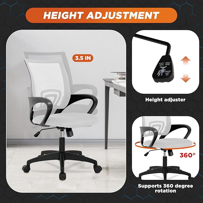 Ergonomic Office Desk Chair - Mesh Computer Task Swivel Chair with Lumbar Support, Modern Executive Adjustable, White