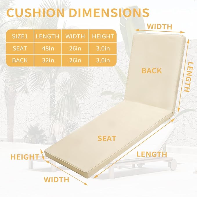 Outdoor Chaise Lounge Cushions for Patio, Lounge Chair Cushions, Waterproof Replacement Seat Pads for Outdoor Furniture (2, Beige, 80"x26"x3")