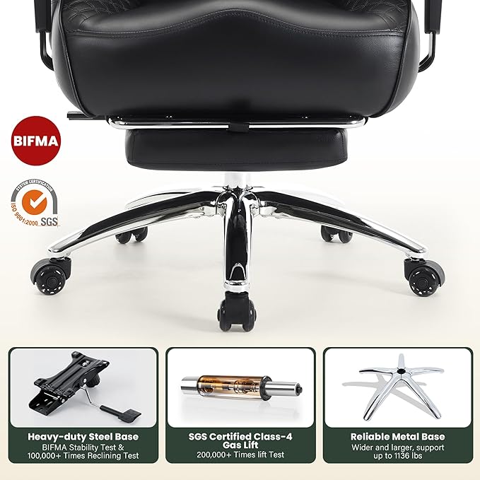 500lbs Big and Tall Office Chair Adjustable Lumbar Support, Extra Wide Seat Ergonomic Gaming Chair with Footrest, Heavy Duty High Back Executive Leather Computer Desk Chair (Black)