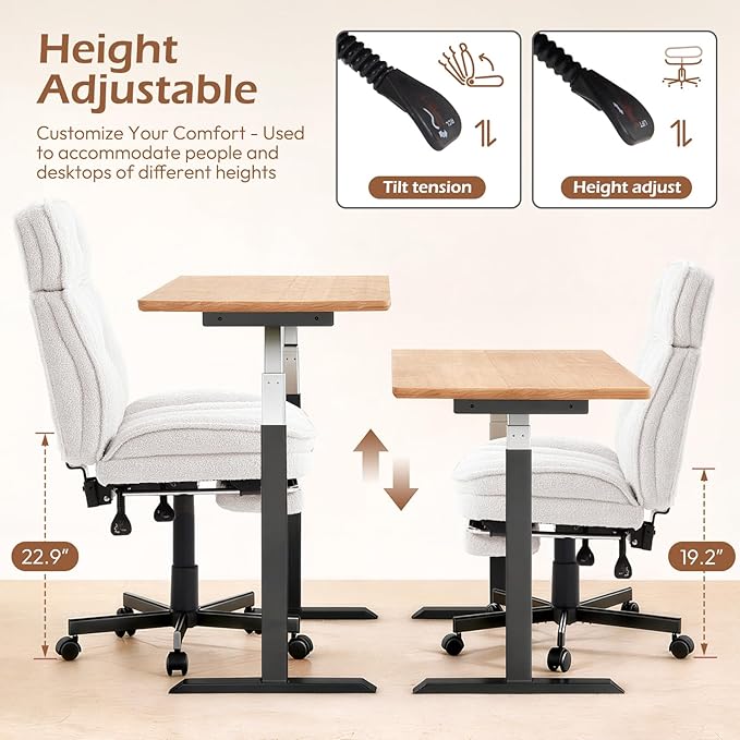 Criss Cross Chair with Wheels - Home Office Desk Chairs with Foot Rest, Morden Comfy Swivel Makeup Chair for Vanity, Ergonomic Cross Legged Office Chair with High Back & Wide Seat, White