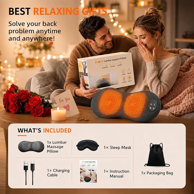 Cordless Lumbar Support Pillow for Pain Relief Deep Tissue, 3-in-1 Heated Lower Back Massager Pillow with 3000mAh Battery, Heat, Massage, Electric Stretch, Back Support Pillow for Office Chair Car