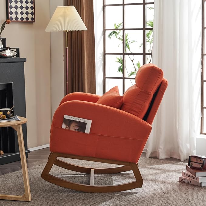 VINGLI Orange Linen Rocking Chair Nursery with Thick Headrest, Upholstered Mid-Century Modern Nursing Rocker Glider with Curved Armrest, Sturdy Solid Wood Base for Living Room, Bedroom, Baby Room