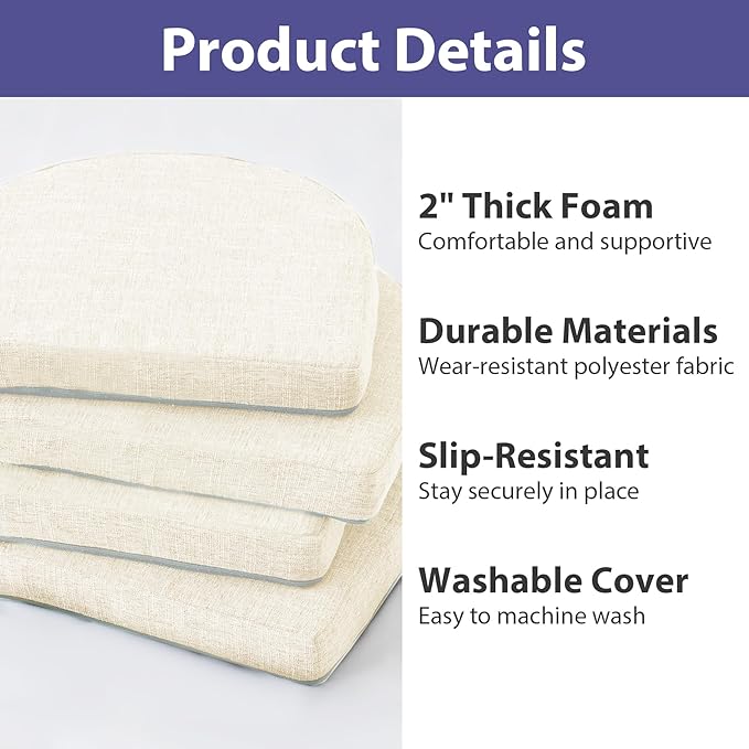 IPYNBAP Chair Cushions for Dining Chairs, Kitchen Chair Cushions, 16'' x 16'' x 2'', Non Slip Indoor Seat Cushions, Chair Pads for Dining Chairs with Ties & Removable Cover, Set of 2, Beige
