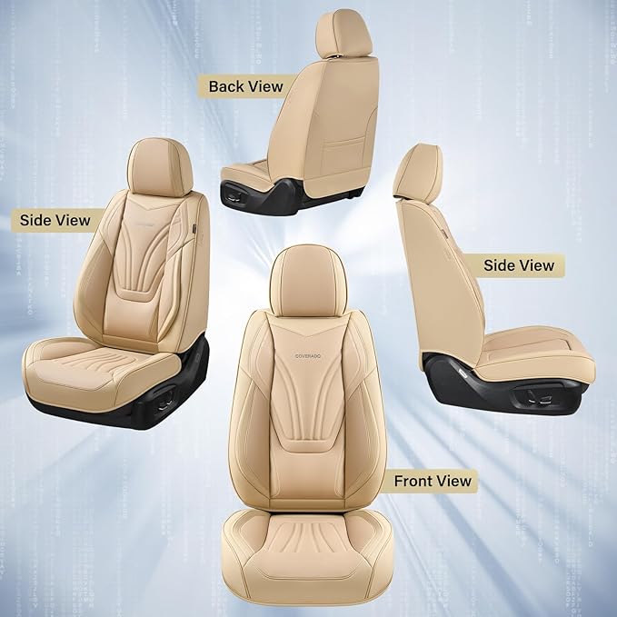 Coverado Car Seat Covers Front Seats, 2 Piece Car Seat Protector with Lumbar Support & Removable Headrest, Breathable Leather Seat Cushion Universal Fit for Truck Automotive Vehicles Beige
