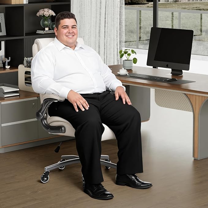 MALOL Ergonomic High-Back Executive Office Chairs, Heavy Duty Home Computer Chair with Lumbar Support, Flip-Up Arms, and PU Leather Upholstery, Beige