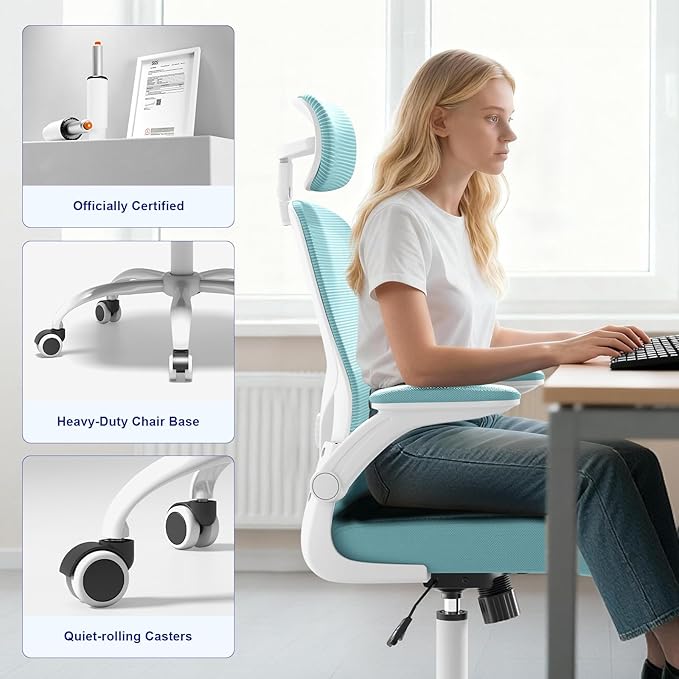 Office Computer Desk Chair - Lumbar Support and Headrest, Ergonomic Mesh Back Swivel Task Chair,Flip-Up Arms for Desk Work, 90-120° Tilt Rolling Chair for Home Office(White-Blue6076)