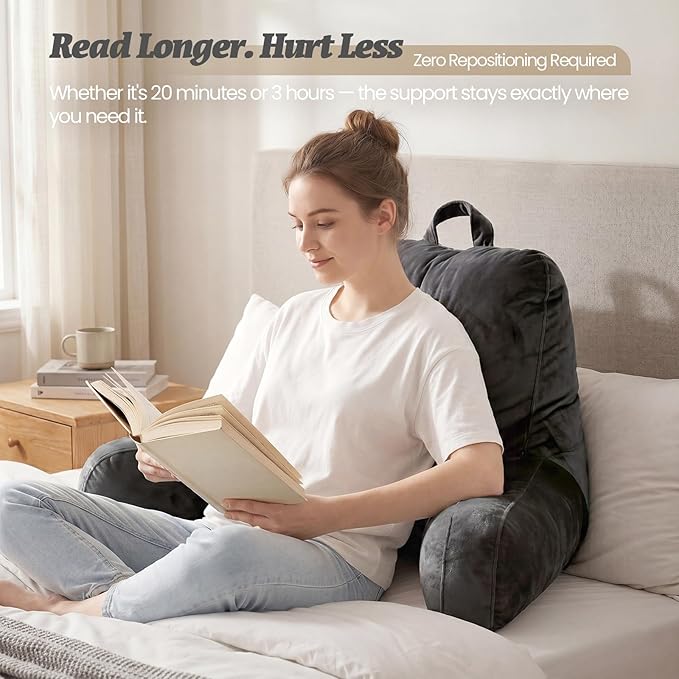 ACH Reading Pillow with Arms for Adults - Adjustable Memory Foam Bed Rest Pillow, Lumbar & Neck Back Support, Soft Velvet Cover Machine Washable, Deep Side Pocket & Carry Handle, Black
