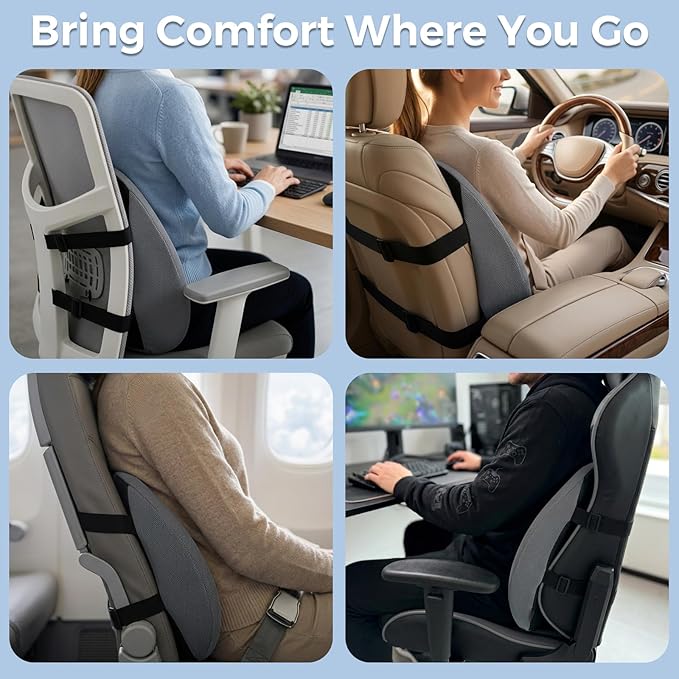 Lumbar Support Pillow for Office Chair & Car Seat - Temperature Stable Memory Foam for Lower Back Pain Relief, Non-Slip Back Cushion with Dual Straps for Desk Workers & Drivers (Black)