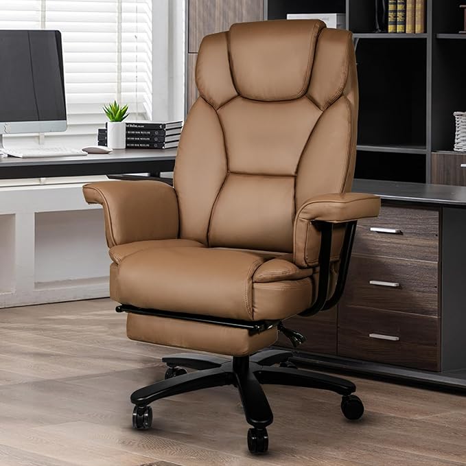 Reclining Office Chair with Footrest, Big and Tall High Back Home Office Desk Chairs 400lbs with Criss Cross Wide Seat, Heavy Duty Base, Pu Leather, Brown