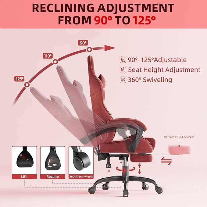 Ferghana Velvet Fabric Ergonomic Gaming Chair with Footrest and Massage, High Back Reclining Computer Gamer Chair for Adult, Racing Style PC Video Game Chair Suitable for Home Office (Red)