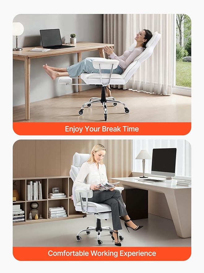 VEVOR Reclining Office Chair with Footrest, Heavy Duty PU Leather Oversize Office Chair, Big and Tall Executive Office Chairs with Lumbar Support, Strong Metal Base Quiet Wheels, White