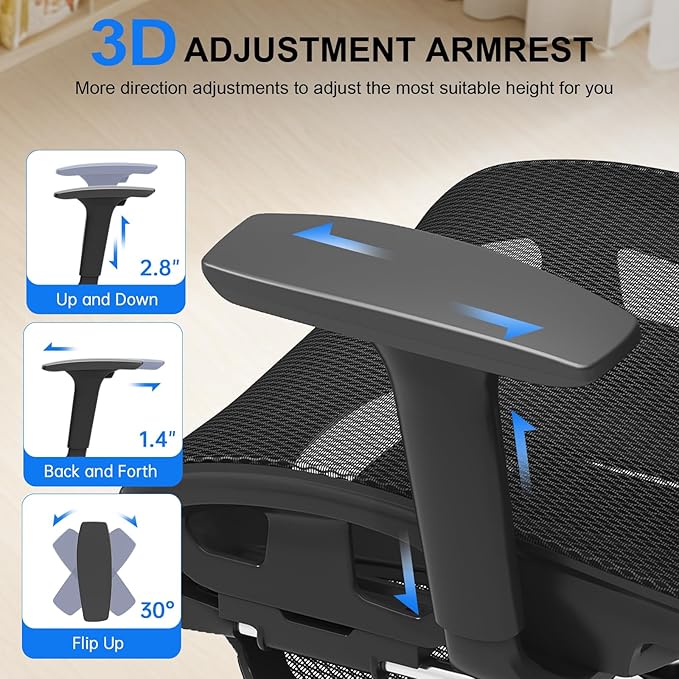 Freepub Ergonomic Mesh Office Chair, Home Desk Chair with Adjustable Lumbar Support, 3D Headrest and Armrests, Reclining Big and Tall High Back Computer Gaming Chair for Man Women, 350lbs, Black