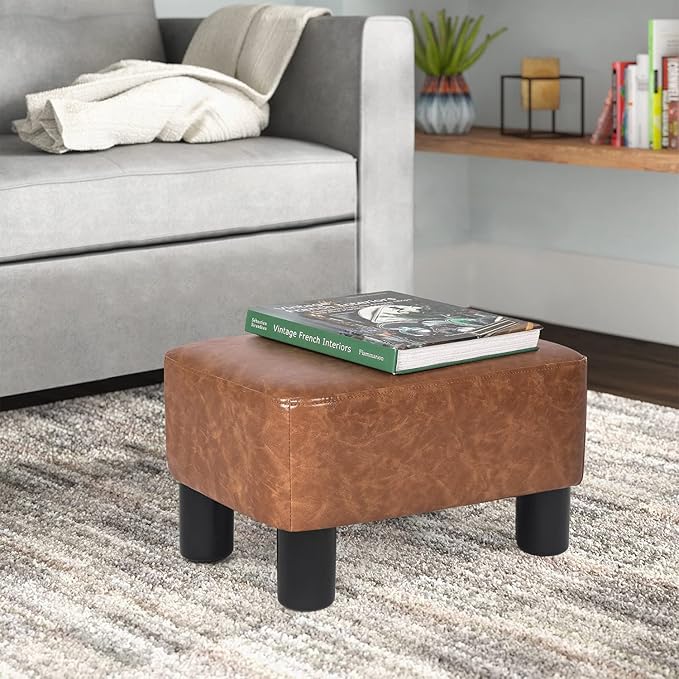 Joveco Small Footstool Ottoman PU Leather Footrest Modern Rectangular Foot Stool with Non-Skid Legs Pets Step Stool for Couch Dog Living Room Bedroom (Light Brown)