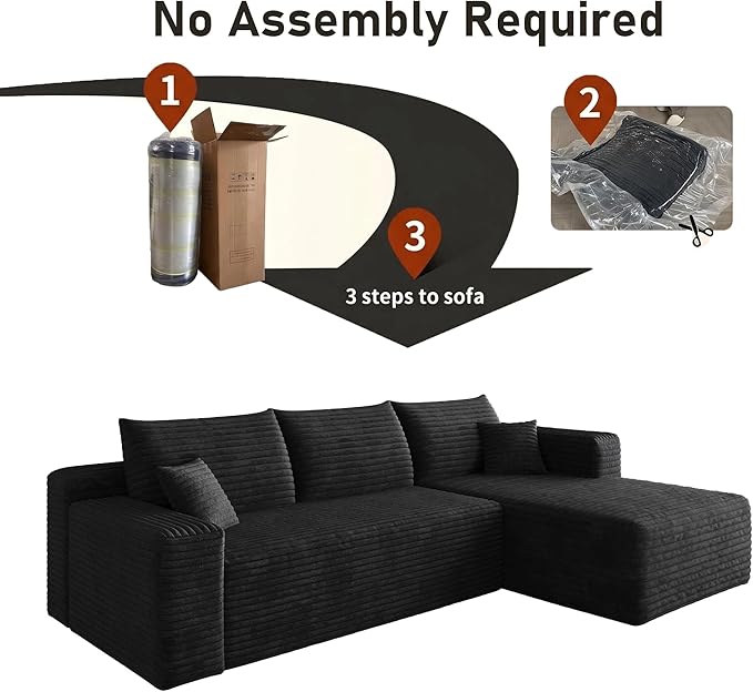 94" Boneless Couches with Right Facing Chaise for Living Room,Corduroy Sectional Couch,L-Shape Cloud Couches Compressed Memory Foam Cloud Sofa,No Assembly Required,Black