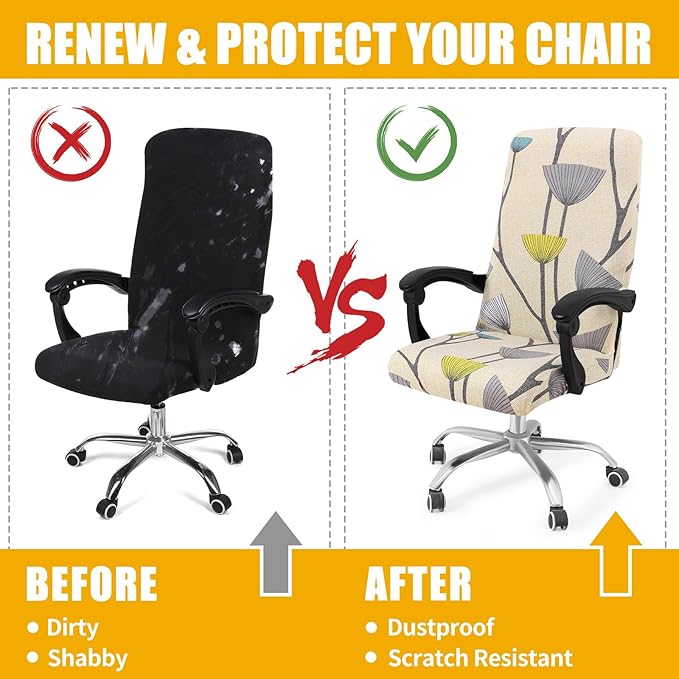 Smiry Stretch Printed Office Computer Chair Covers, Universal Desk Rotating Chair Slipcovers Removable Washable, Soft Fit Anti-Dust Spandex Protector Cover with Zipper, Yellow and Grey