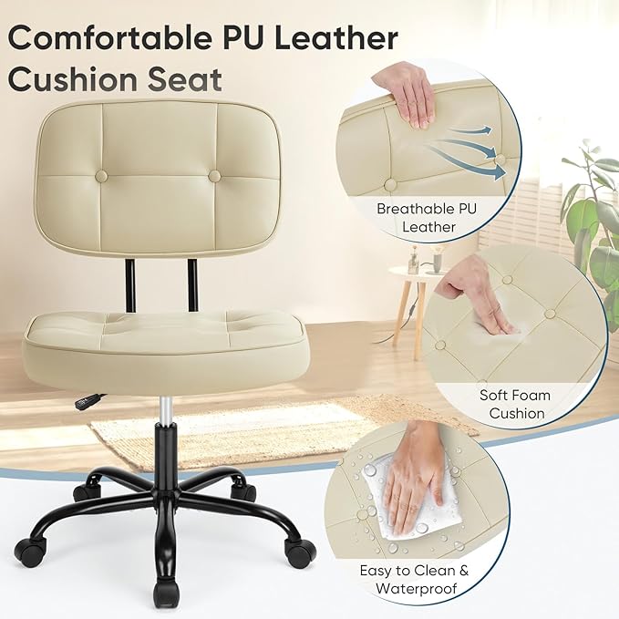 DUMOS Home Office Desk Chair - Ergonomic Armless PU Leather Computer Rolling Task Chair,with Comfy Lumbar Support and Height Adjustable, Vanity, Bedroom, Living Room, Beige