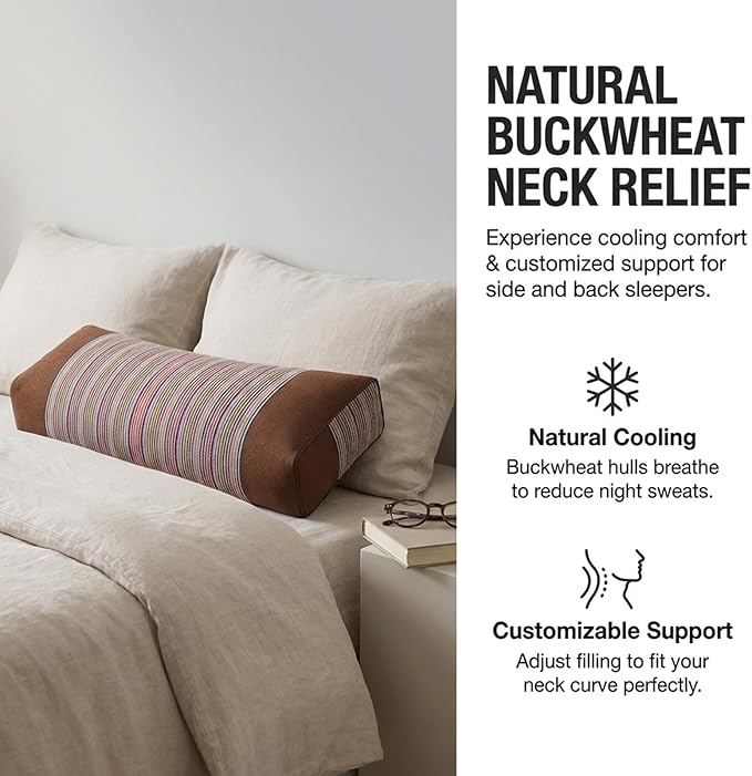 Adjustable Buckwheat Hull Pillow for Neck Pain Relief (21x8x4in) Natural Cooling Cervical Support Bed Pillow for Side & Back Sleepers with Night Sweats (Brown)