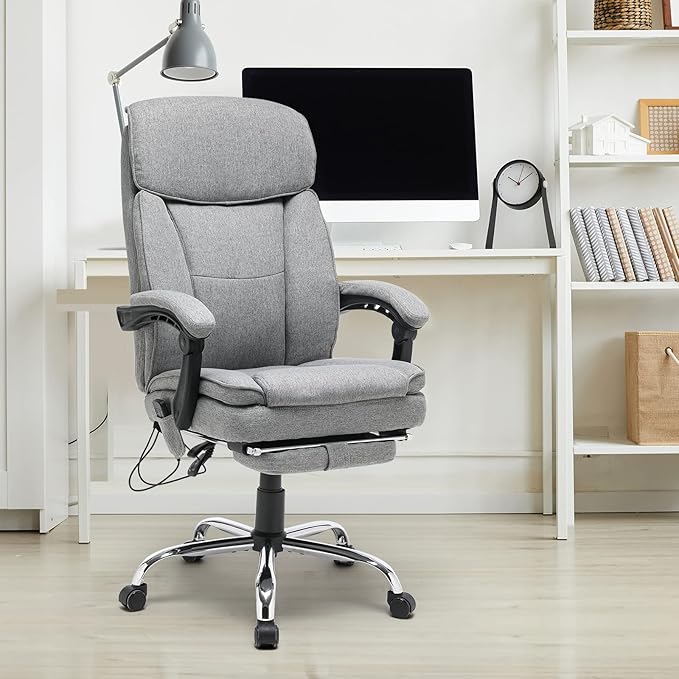 HOMREST Reclining Office Chair with 4-Point Massage, Breathable Fabric Executive Chair with Retractable Footrest, Ergonomic Computer Chair with High Back, Reclining Gaming Chair for Home, Light Grey